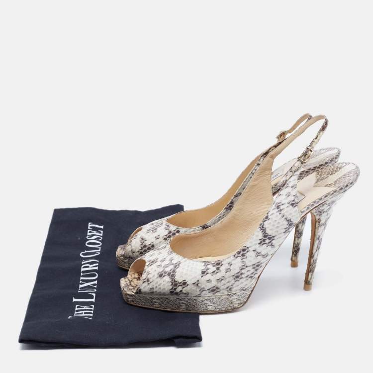 Pre Owned Jimmy Choo White/Black Snakeskin Peep Toe Slingback Sandals Size 41.5