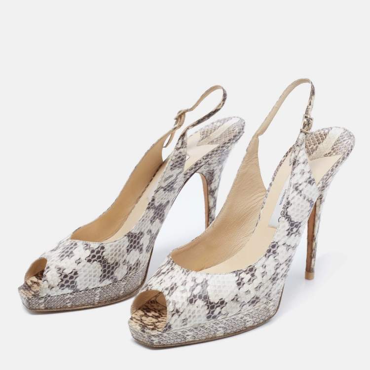 Pre Owned Jimmy Choo White/Black Snakeskin Peep Toe Slingback Sandals Size 41.5