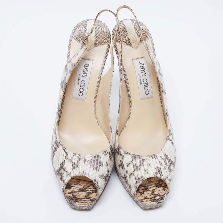 Pre Owned Jimmy Choo White/Black Snakeskin Peep Toe Slingback Sandals Size 41.5