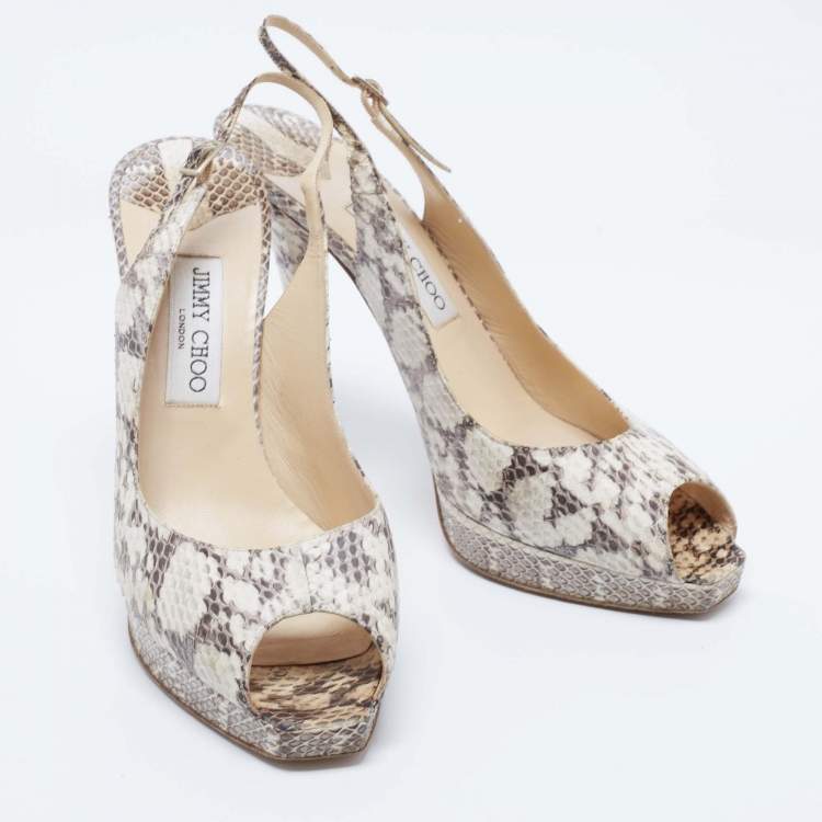 Pre Owned Jimmy Choo White/Black Snakeskin Peep Toe Slingback Sandals Size 41.5