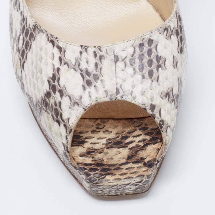 Pre Owned Jimmy Choo White/Black Snakeskin Peep Toe Slingback Sandals Size 41.5