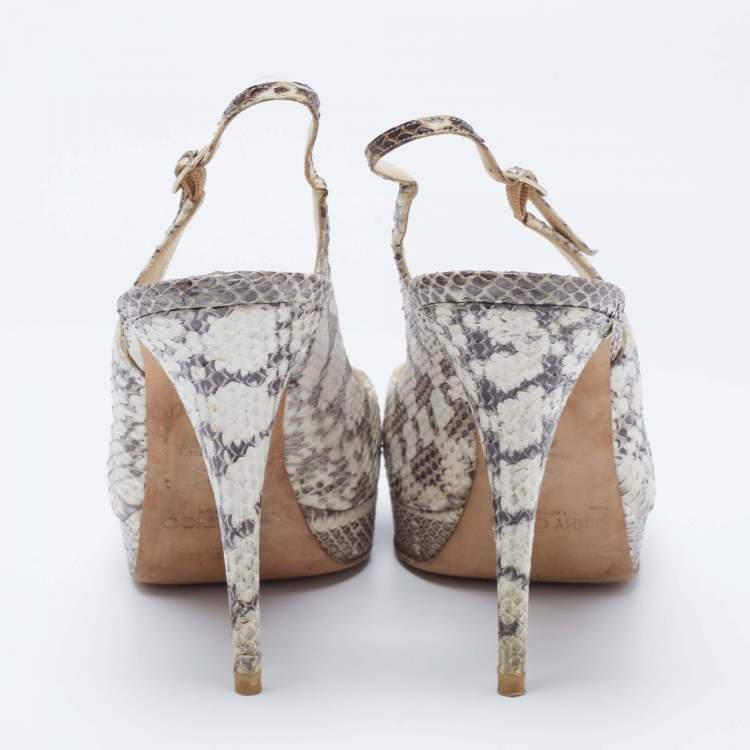 Pre Owned Jimmy Choo White/Black Snakeskin Peep Toe Slingback Sandals Size 41.5