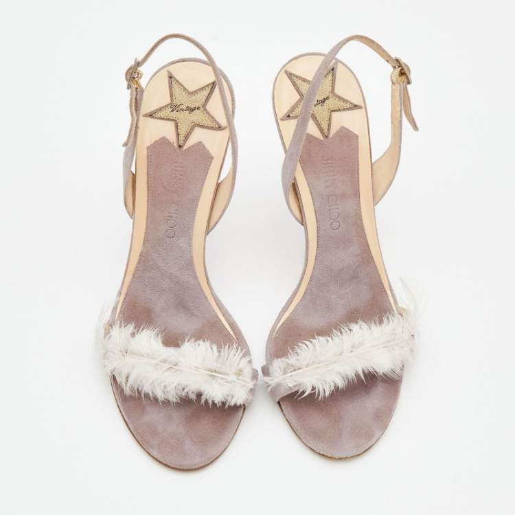 Pre Owned Jimmy Choo Light Lilac Feather And Suede Slingback Sandals Size 37.5