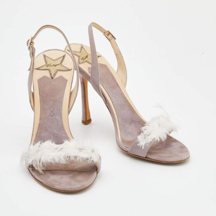 Pre Owned Jimmy Choo Light Lilac Feather And Suede Slingback Sandals Size 37.5