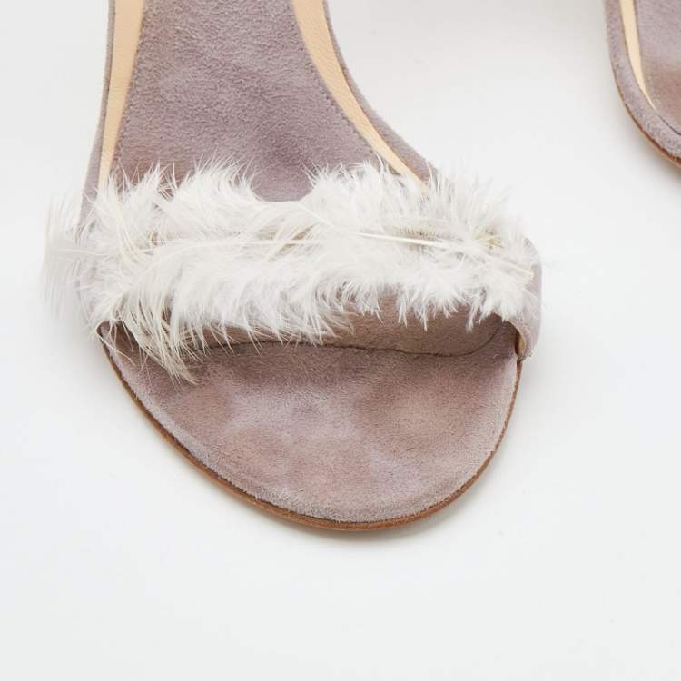 Pre Owned Jimmy Choo Light Lilac Feather And Suede Slingback Sandals Size 37.5