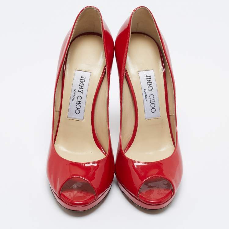 Pre Owned Jimmy Choo Red Patent Leather Luna Peep Toe Pumps Size 36