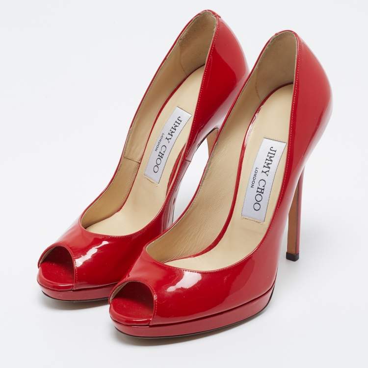 Pre Owned Jimmy Choo Red Patent Leather Luna Peep Toe Pumps Size 36