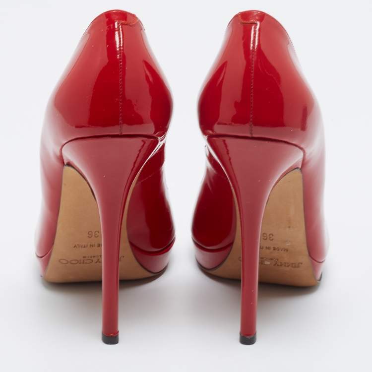 Pre Owned Jimmy Choo Red Patent Leather Luna Peep Toe Pumps Size 36