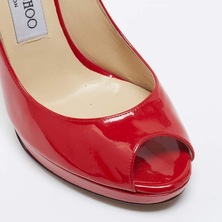 Pre Owned Jimmy Choo Red Patent Leather Luna Peep Toe Pumps Size 36