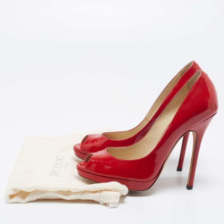 Pre Owned Jimmy Choo Red Patent Leather Luna Peep Toe Pumps Size 36