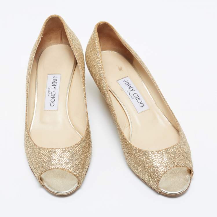 Pre Owned Jimmy Choo Metallic Gold Glitter Fabric Baxen Peep Toe Wedges Pumps Size 39