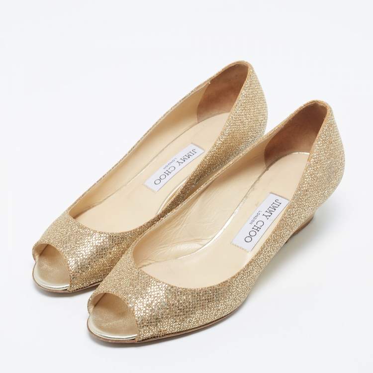 Pre Owned Jimmy Choo Metallic Gold Glitter Fabric Baxen Peep Toe Wedges Pumps Size 39