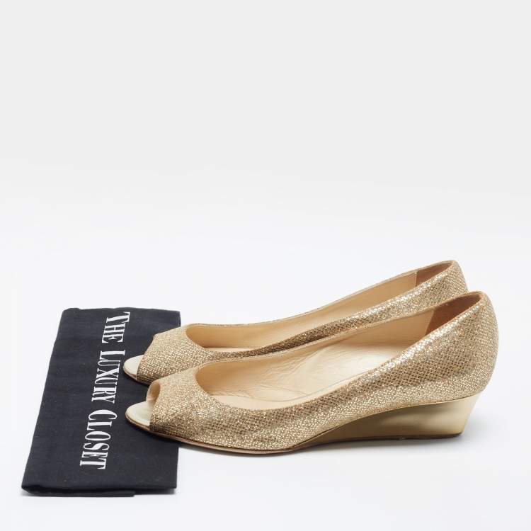Pre Owned Jimmy Choo Metallic Gold Glitter Fabric Baxen Peep Toe Wedges Pumps Size 39
