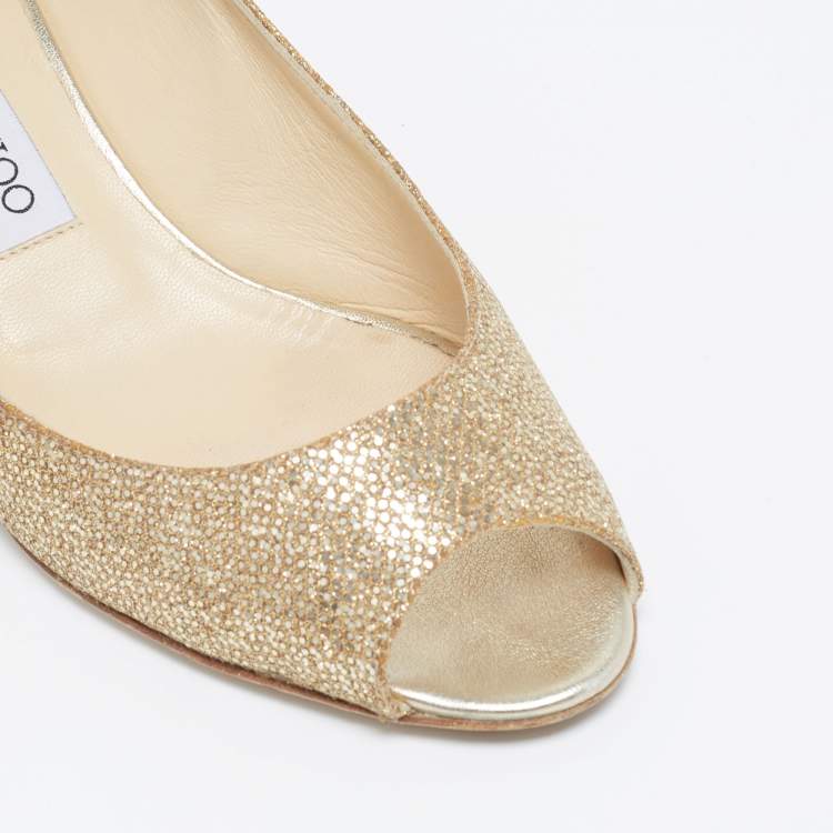 Pre Owned Jimmy Choo Metallic Gold Glitter Fabric Baxen Peep Toe Wedges Pumps Size 39