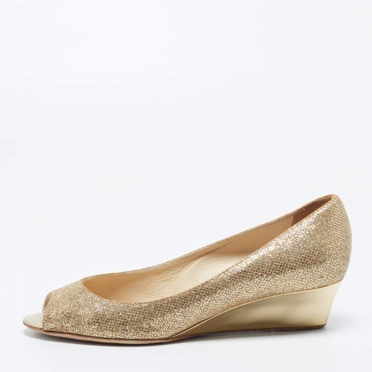 Pre Owned Jimmy Choo Metallic Gold Glitter Fabric Baxen Peep Toe Wedges Pumps Size 39