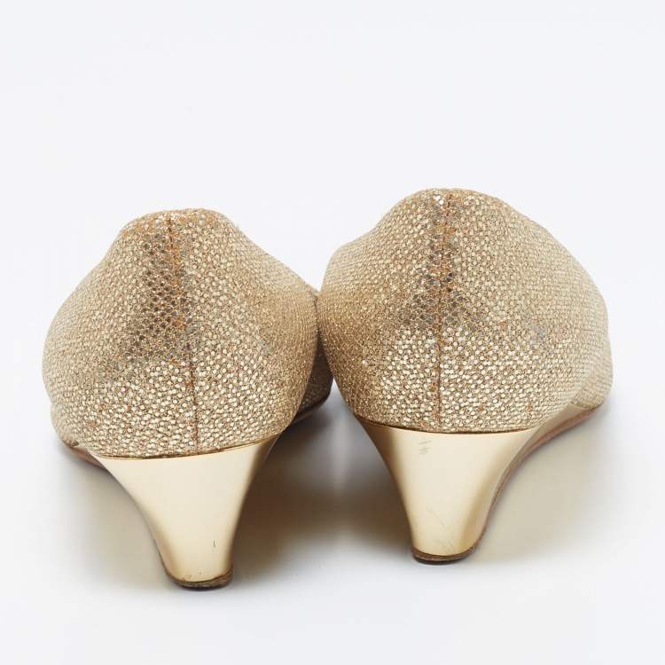 Pre Owned Jimmy Choo Metallic Gold Glitter Fabric Baxen Peep Toe Wedges Pumps Size 39