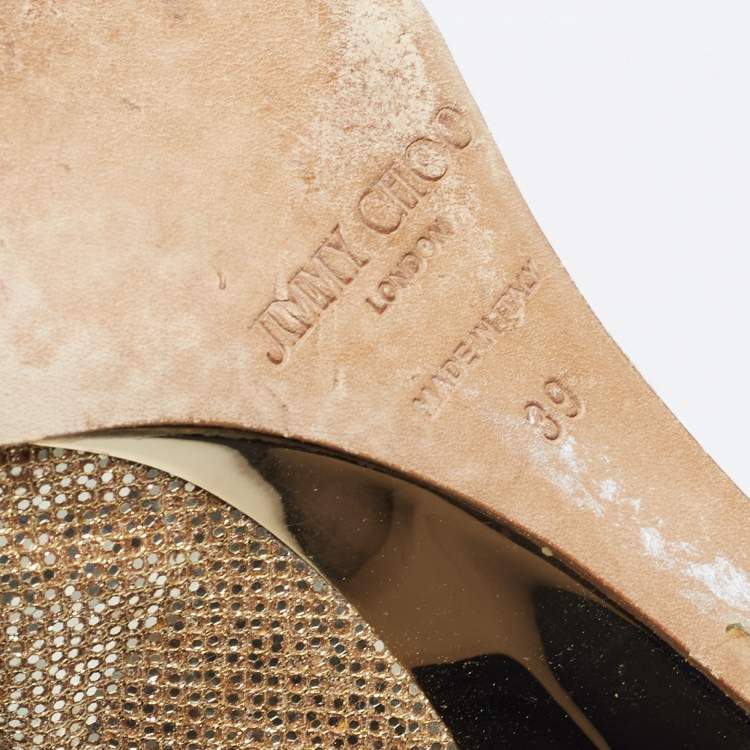 Pre Owned Jimmy Choo Metallic Gold Glitter Fabric Baxen Peep Toe Wedges Pumps Size 39