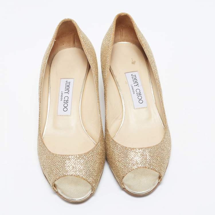 Pre Owned Jimmy Choo Metallic Gold Glitter Fabric Baxen Peep Toe Wedges Pumps Size 39