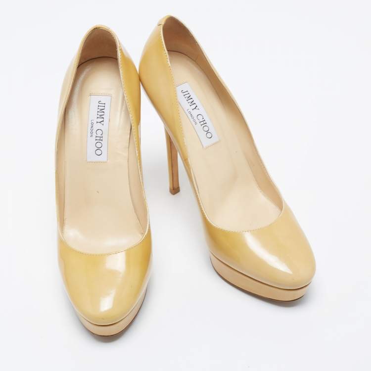 Pre Owned Jimmy Choo Light Yellow Patent Leather Cosmic Platform Pumps Size 37.5