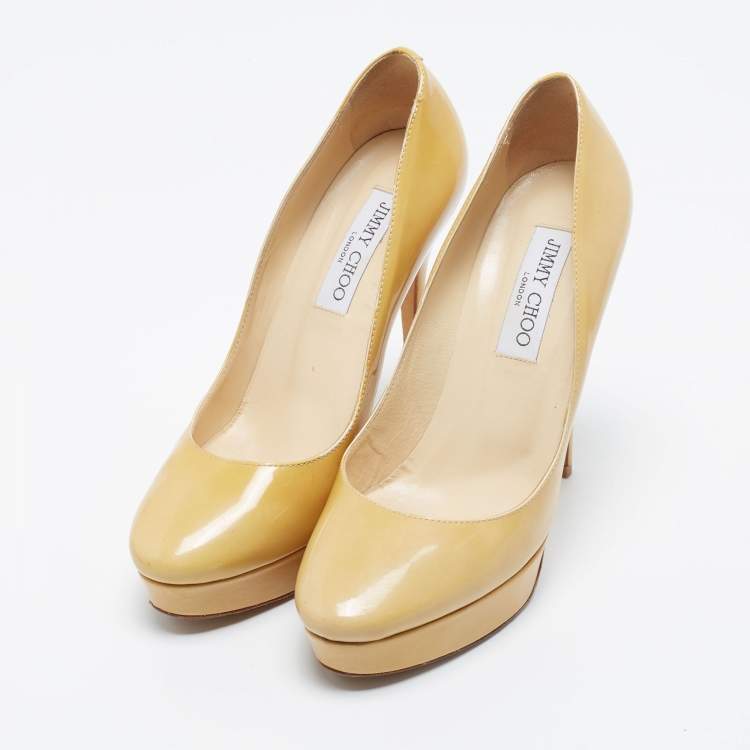 Pre Owned Jimmy Choo Light Yellow Patent Leather Cosmic Platform Pumps Size 37.5