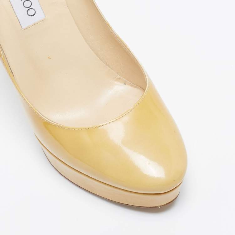 Pre Owned Jimmy Choo Light Yellow Patent Leather Cosmic Platform Pumps Size 37.5