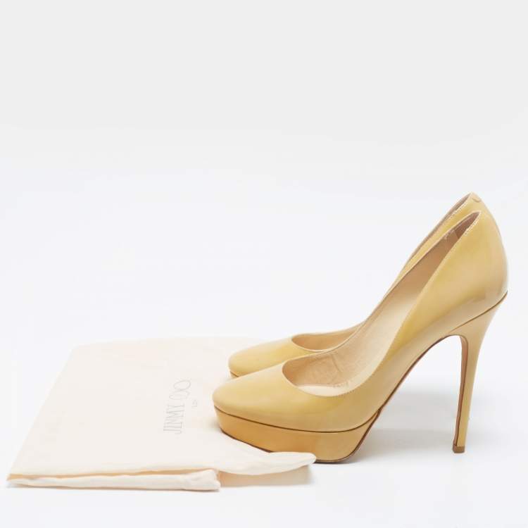 Pre Owned Jimmy Choo Light Yellow Patent Leather Cosmic Platform Pumps Size 37.5
