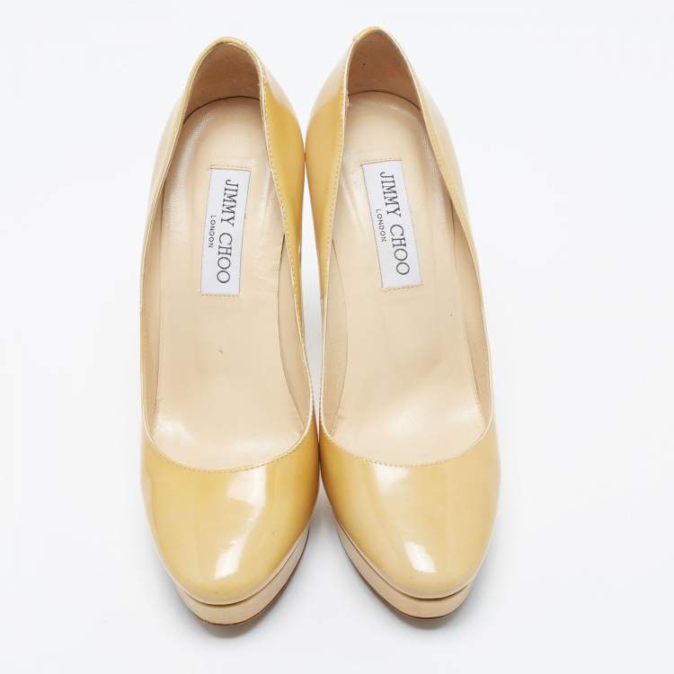 Pre Owned Jimmy Choo Light Yellow Patent Leather Cosmic Platform Pumps Size 37.5