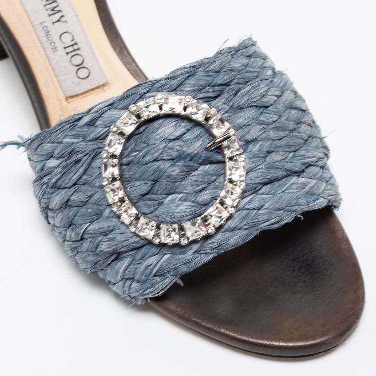 Pre Owned Jimmy Choo Blue Raffia Granger Slide Sandals Size 38.5