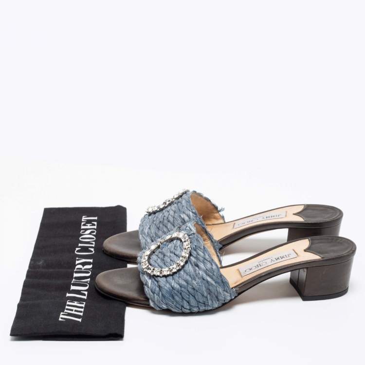 Pre Owned Jimmy Choo Blue Raffia Granger Slide Sandals Size 38.5