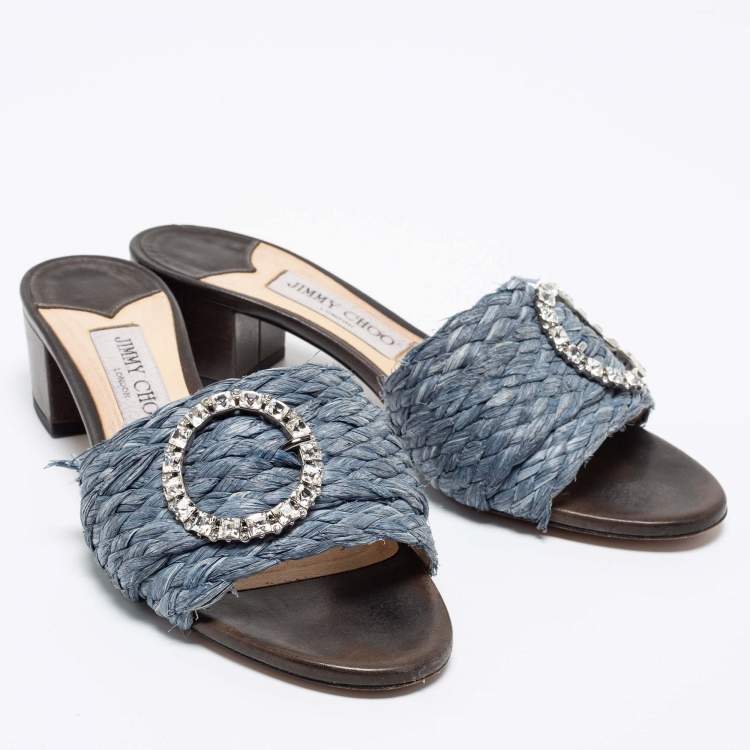 Pre Owned Jimmy Choo Blue Raffia Granger Slide Sandals Size 38.5