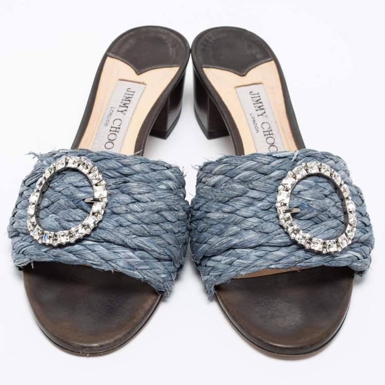 Pre Owned Jimmy Choo Blue Raffia Granger Slide Sandals Size 38.5