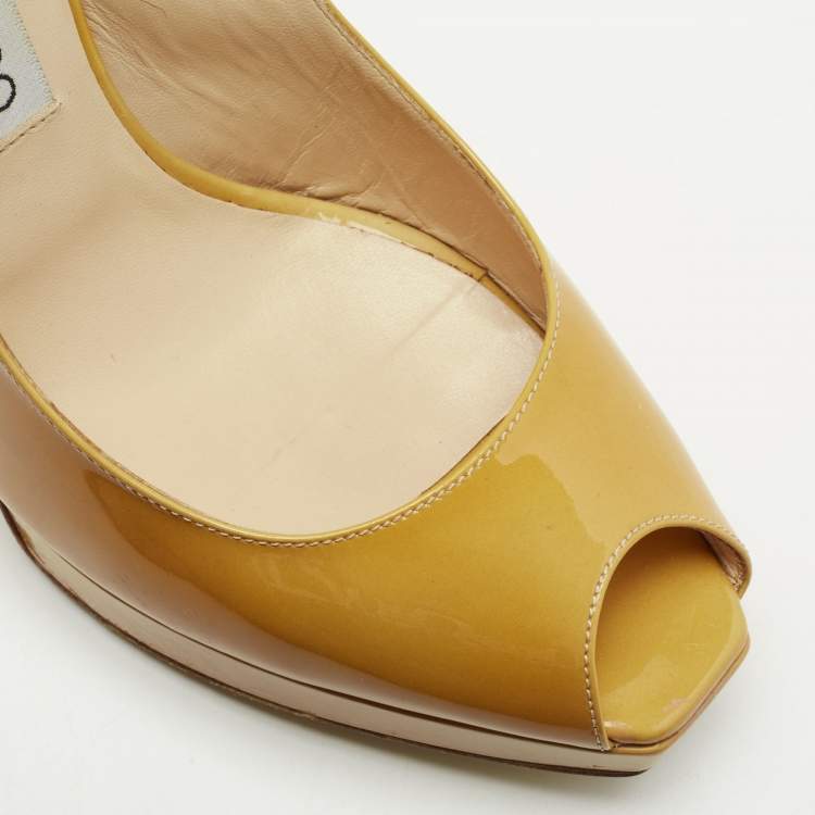 Pre Owned Jimmy Choo Yellow Patent Leather Nova Peep-Toe Platform Slingback Sandals Size 38