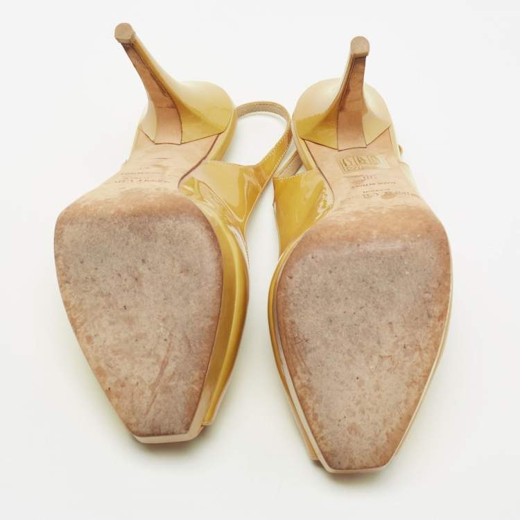 Pre Owned Jimmy Choo Yellow Patent Leather Nova Peep-Toe Platform Slingback Sandals Size 38