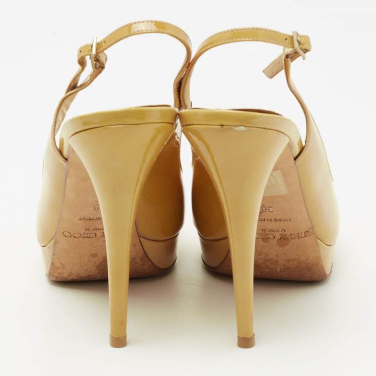 Pre Owned Jimmy Choo Yellow Patent Leather Nova Peep-Toe Platform Slingback Sandals Size 38