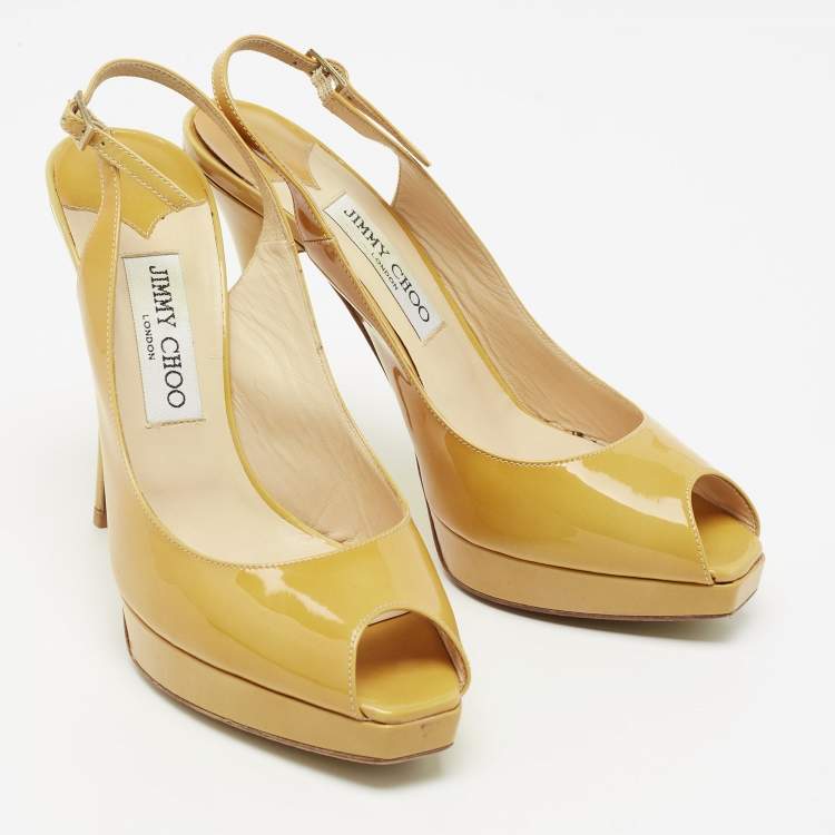 Pre Owned Jimmy Choo Yellow Patent Leather Nova Peep-Toe Platform Slingback Sandals Size 38