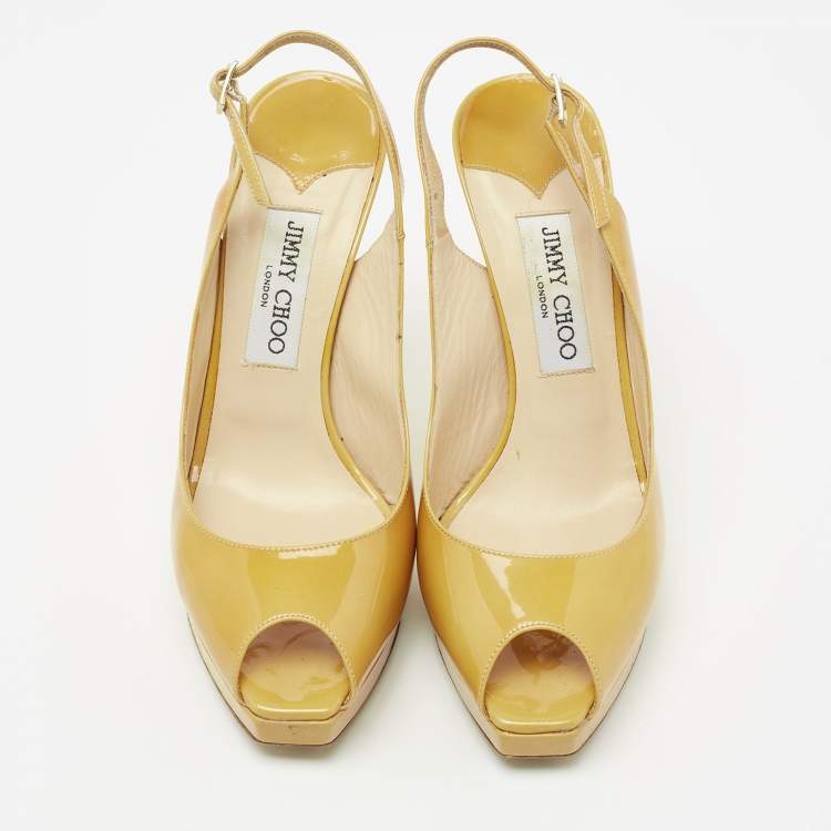 Pre Owned Jimmy Choo Yellow Patent Leather Nova Peep-Toe Platform Slingback Sandals Size 38