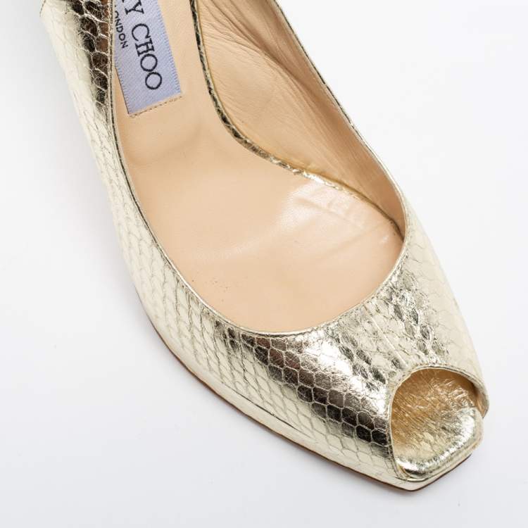 Pre Owned Jimmy Choo Gold Python Embossed Leather Slingback Sandals Size 40.5