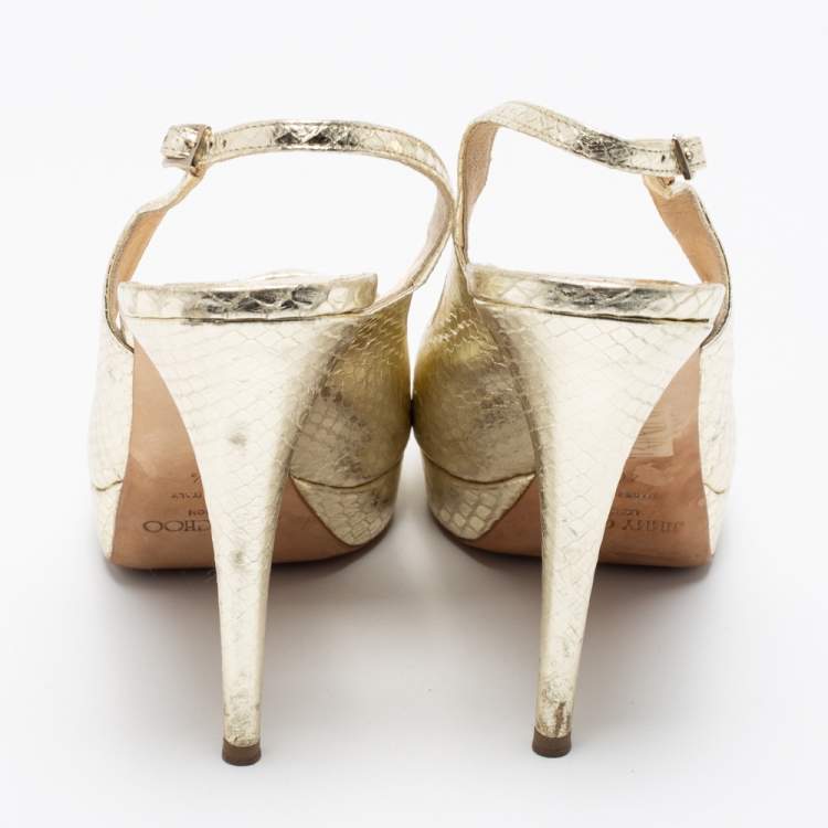 Pre Owned Jimmy Choo Gold Python Embossed Leather Slingback Sandals Size 40.5