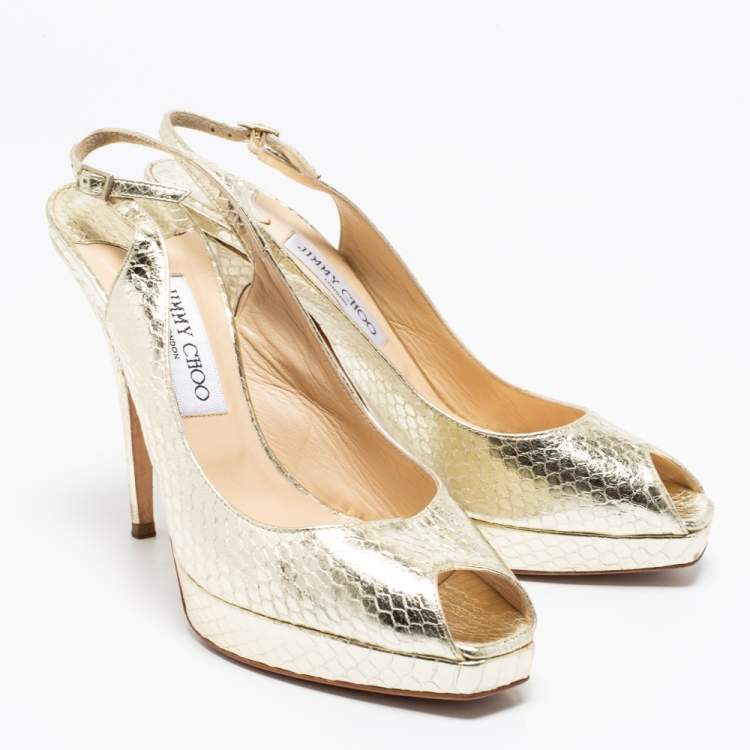 Pre Owned Jimmy Choo Gold Python Embossed Leather Slingback Sandals Size 40.5