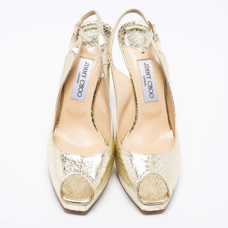 Pre Owned Jimmy Choo Gold Python Embossed Leather Slingback Sandals Size 40.5
