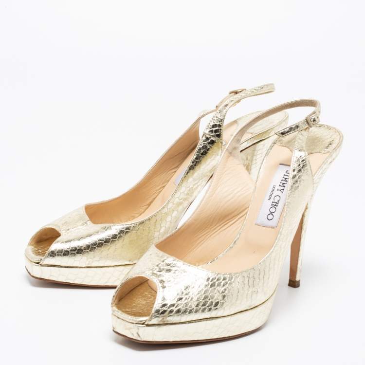 Pre Owned Jimmy Choo Gold Python Embossed Leather Slingback Sandals Size 40.5