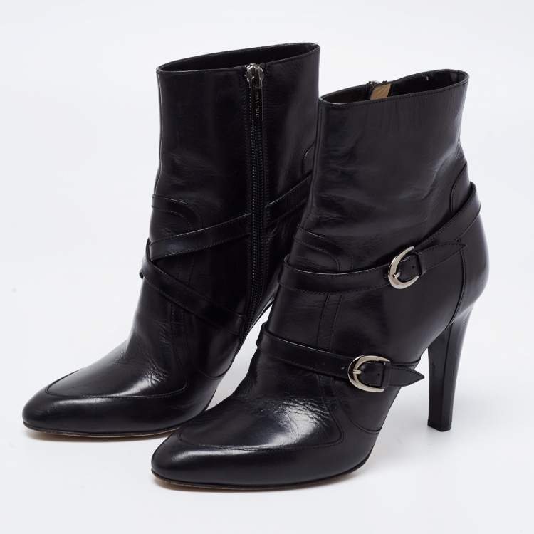 Pre Owned Jimmy Choo Black Leather Buckle Detail Ankle Booties Size 37