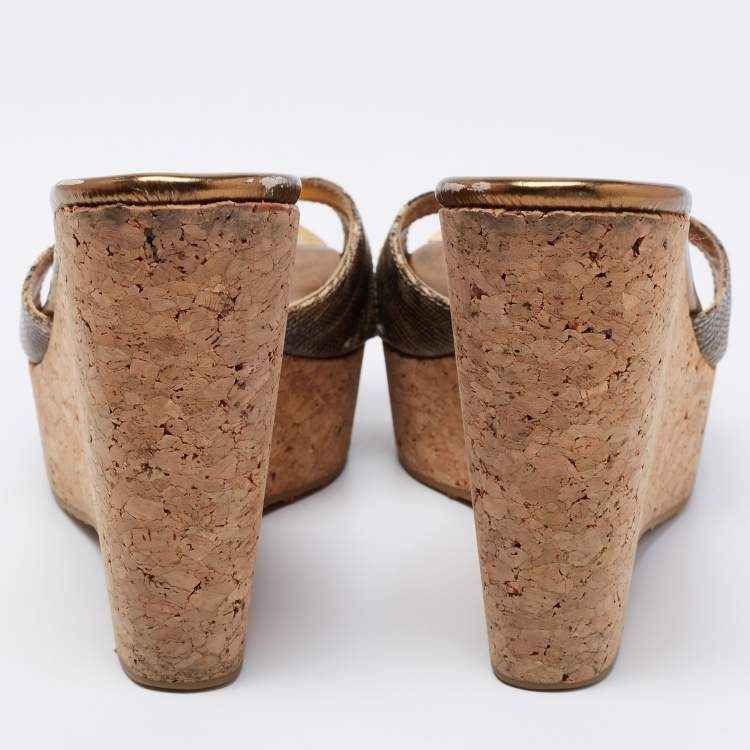 Pre Owned Jimmy Choo Metallic Lizard Embossed Leather Pandora Cork Wedges Size 39