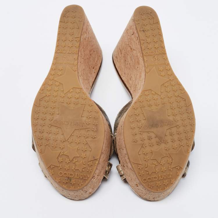 Pre Owned Jimmy Choo Metallic Lizard Embossed Leather Pandora Cork Wedges Size 39