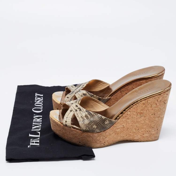 Pre Owned Jimmy Choo Metallic Lizard Embossed Leather Pandora Cork Wedges Size 39