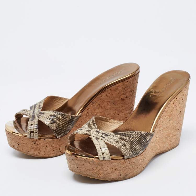Pre Owned Jimmy Choo Metallic Lizard Embossed Leather Pandora Cork Wedges Size 39