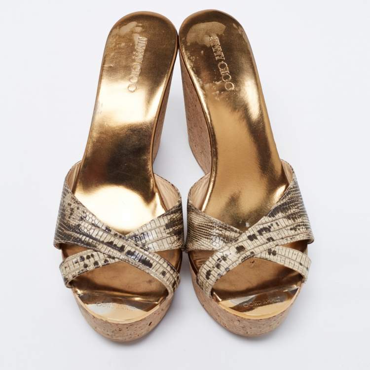 Pre Owned Jimmy Choo Metallic Lizard Embossed Leather Pandora Cork Wedges Size 39