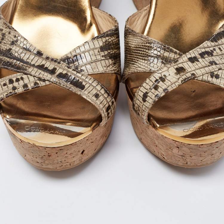 Pre Owned Jimmy Choo Metallic Lizard Embossed Leather Pandora Cork Wedges Size 39