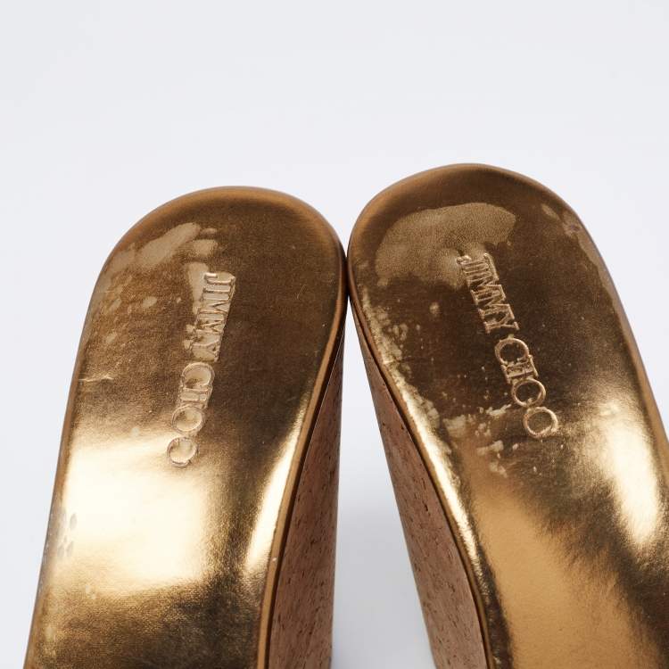 Pre Owned Jimmy Choo Metallic Lizard Embossed Leather Pandora Cork Wedges Size 39