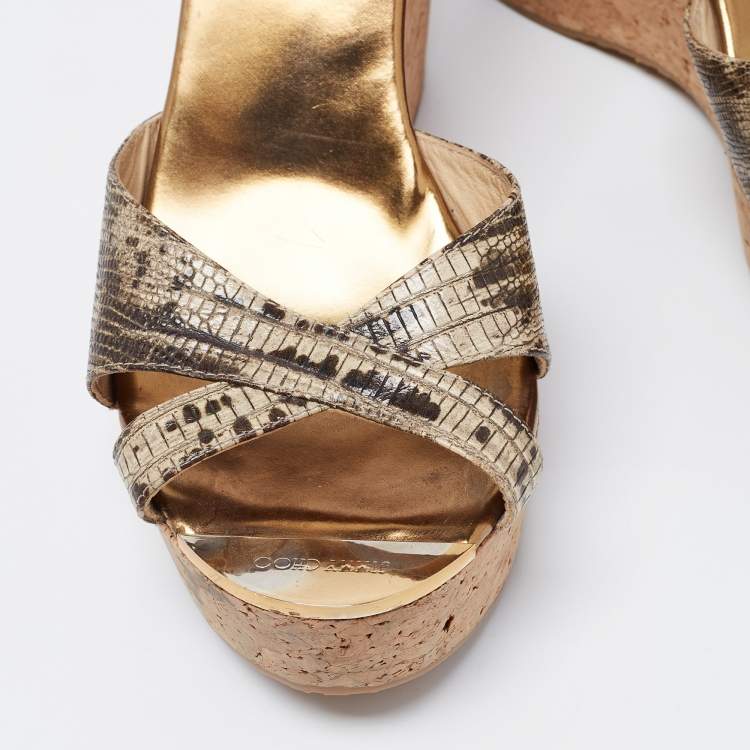 Pre Owned Jimmy Choo Metallic Lizard Embossed Leather Pandora Cork Wedges Size 39